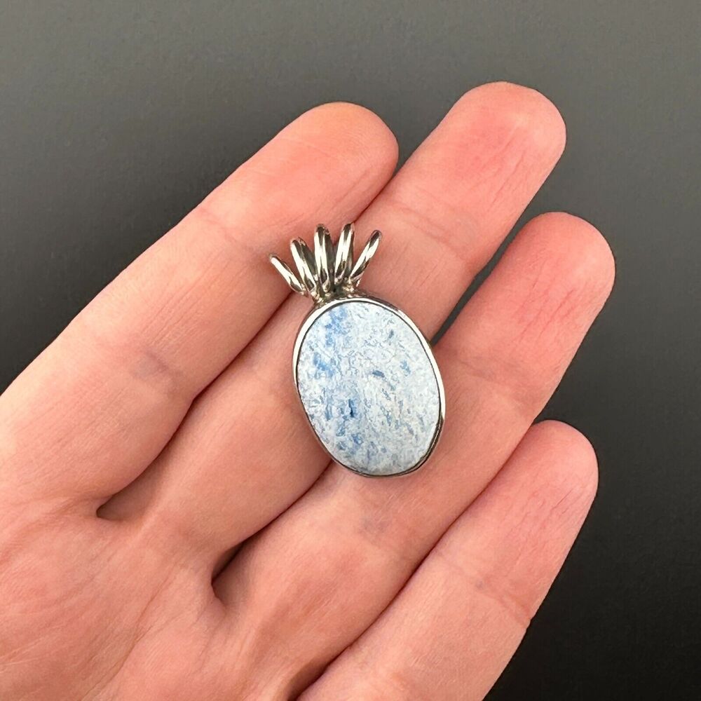 Vintage Mexico Unique Natural Light Blue Stone 925 Silver Oval Pendant 9.6 g - Picture 7 of 11